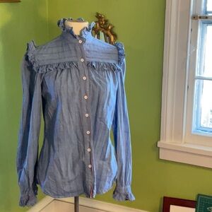 Vintage 80s red striped chambray shirt w/ ruffles at collar, yoke, & sleeves